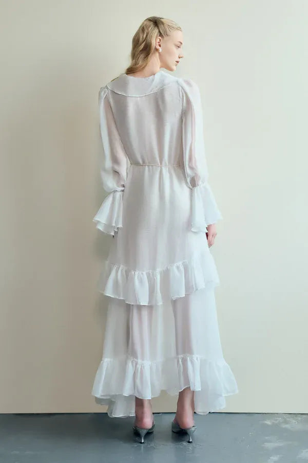 Robe Weitese trapèze à manches évasées en voile, robe longue à col en V, robe de bal vintage à volants de couleur unie